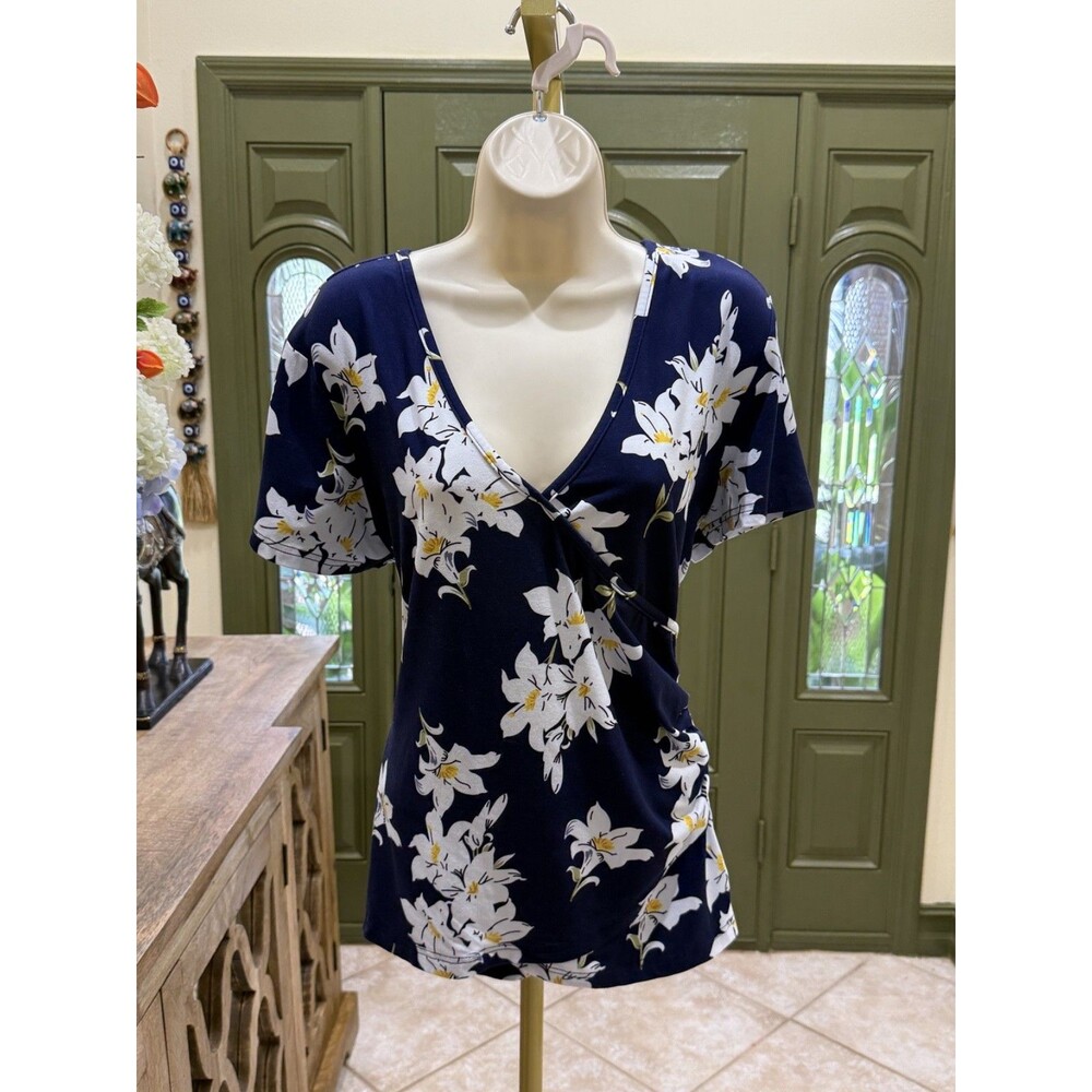Navy Blue Floral Twist-Knot Top – Size Large